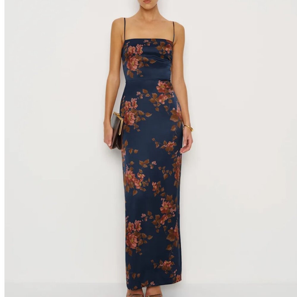 Reformation Frankie Silk Maxi Dress - Core Navy Red Floral Wedding Cocktail - Picture 3 of 10